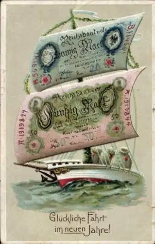 Präge Litho Glückwunsch Neujahr, Segelschiff, Reichsbanknote, Geldsäcke