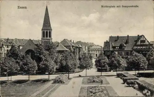 Ak Essen im Ruhrgebiet, Moltkeplatz, Semperstraße, Kirche