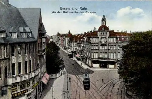 Ak Essen im Ruhrgebiet, Rüttenscheider Straße, Geschäft F. G. Menne, Straßenbahn