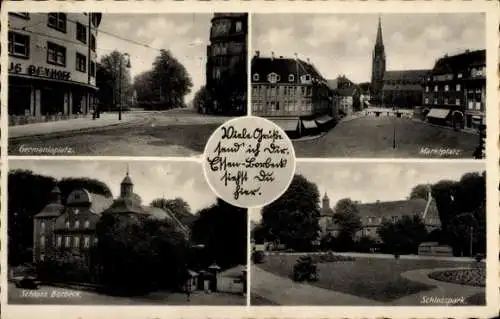 Ak Borbeck Essen im Ruhrgebiet, Germaniaplatz, Geschäft Bexhoff, Marktplatz, Schloss, Schlosspark