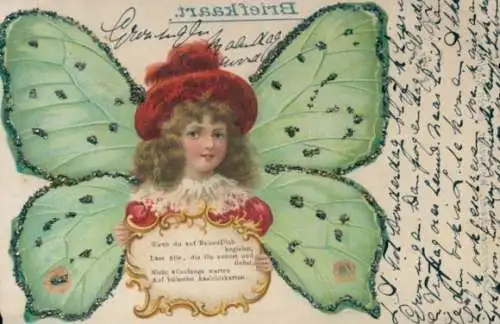 Glitzer Litho Mädchen mit Schmetterlingsflügeln, Porträt, Kitsch