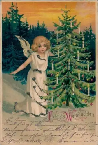 Glitzer Litho Glückwunsch Weihnachten, Engel, Tannenbaum