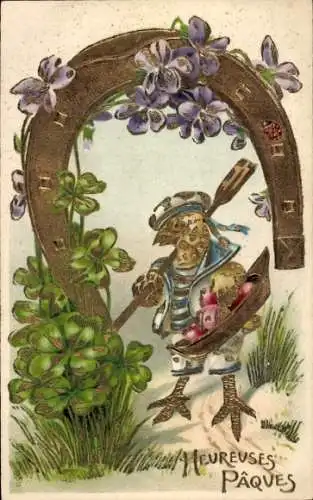 Präge Litho Glückwunsch Ostern, Küken, Ostereier, Hufeisen, Veilchen, Glücksklee