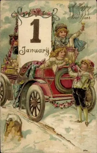 Präge Ak Glückwunsch Neujahr, Kinder, Auto, Kalender