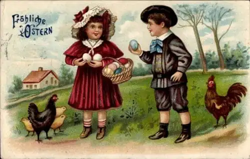 Präge Ak Glückwunsch Ostern, Kinder, Ostereier, Küken