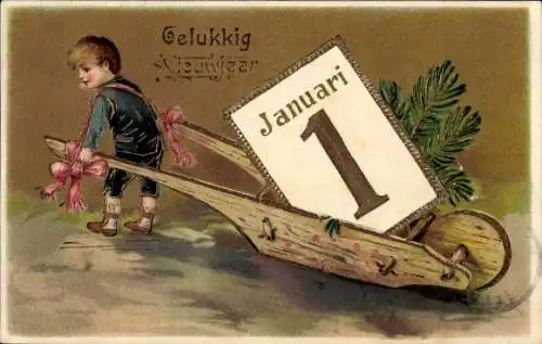 Präge Ak Glückwunsch Neujahr, Kind, Schubkarre, Kalender