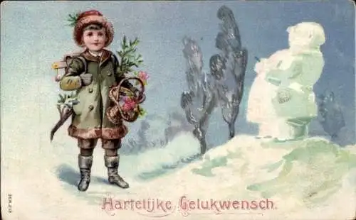 Präge Ak Glückwunsch, Schneemann, Kind, Blumen