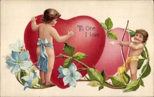 Präge Ak Liebesengel, Bogen, Pfeil, Herzen, Blumen