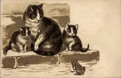 Präge Litho Katzenfamilie, Frosch