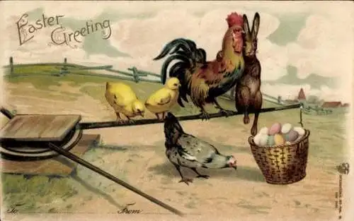 Präge Litho Glückwunsch Ostern, Osterhasen, Küken, Hühner, Ostereier