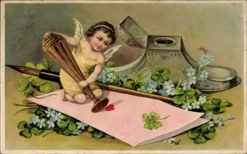 Präge Ak Engel macht einen Stempel, Glücksklee, Vergissmeinnicht