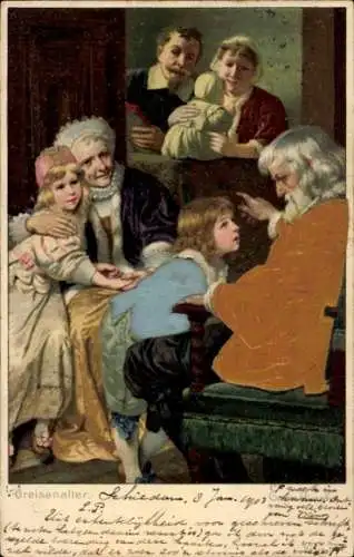 Stoff Präge Litho Klimsch, Eugen, Greisenalter, Großvater, Großmutter