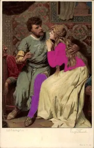 Stoff Präge Künstler Ak Klimsch, E., Lohengrin, Paar, Gespräch, Bitte