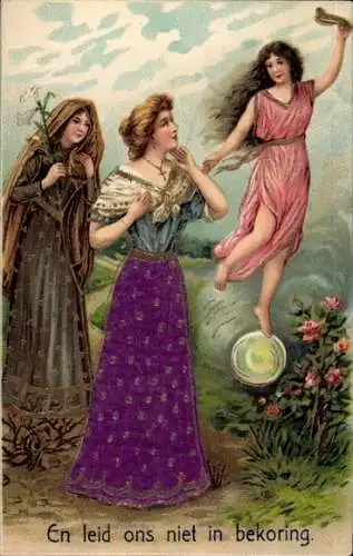 Stoff Präge Ak Religion, Drei Frauen, Blumen