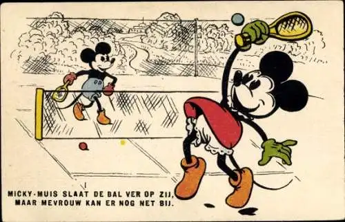 Künstler Ak Walt Disney, Comic, Mickey Maus und Minnie beim Tennis