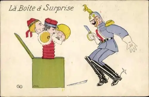 Ak Karikatur, Kaiser Wilhelm II., Schachtelteufel, Propaganda Frankreich