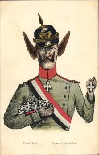 Ak Propaganda Frankreich, Karikatur Kaiser Wilhelm II., Eselsohren, Eiserne Kreuze