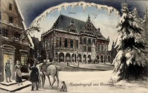 Passepartout Ak Hansestadt Bremen, Rathaus, Neujahrsgruß, Reiter vor einem Gasthaus