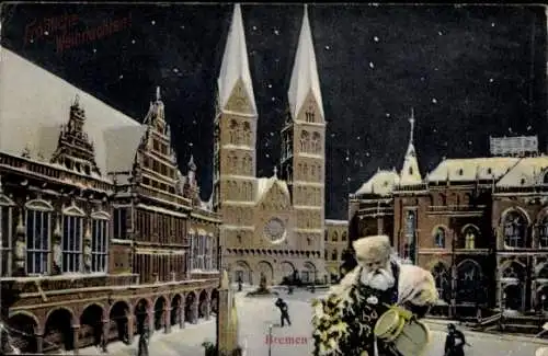 Ak Hansestadt Bremen, Rathaus, Dom, Winteransicht, Weihnachtsmann