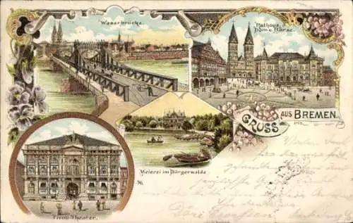 Litho Bremen, Weserbrücke, Meierei im Bürgerwald, Tivoli Theater, Rathaus, Dom, Börse