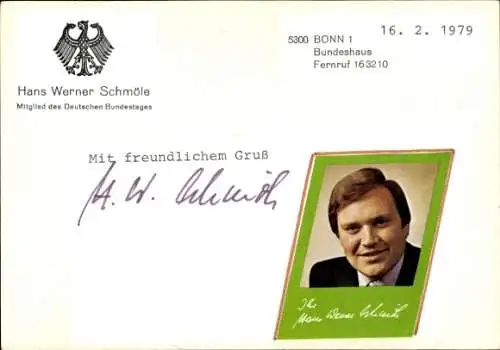 Ak Politiker Hans Werner Schmöle, Portrait, Autogramm