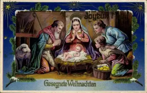 Ak Glückwunsch Weihnachten, Jesus in der Krippe, Maria und Josef