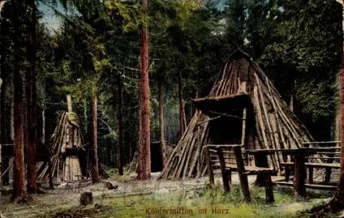 Ak Harz, Köhlerhütten aus Holz im Wald, Sitzbänke