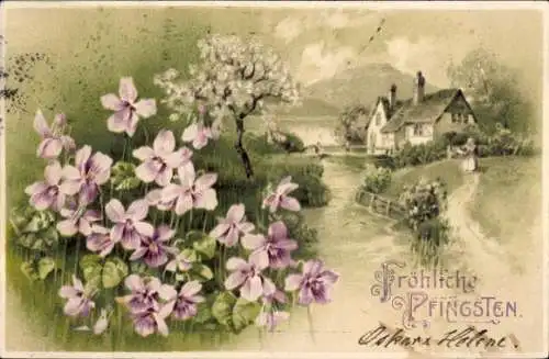 Litho Glückwunsch Pfingsten, Landschaft, Veilchen