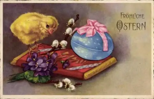 Ak Glückwunsch Ostern, Schokolade, Osterei, Küken, Weidenkätzchen