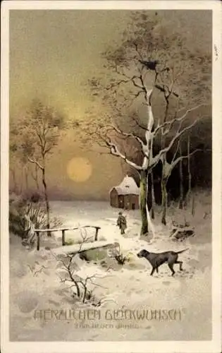 Ak Glückwunsch Neujahr, Winterlandschaft, Jäger, Jagdhund