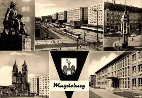 Ak Magdeburg an der Elbe, Wappen, Otto-von-Guericke-Denkmal, Karl-Marx-Straße, Magdeburger Reiter