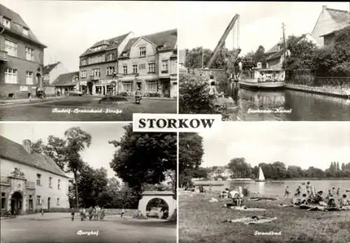 Ak Storkow in der Mark, Rudolf-Breitscheid-Straße, Storkower-Kanal, Burghof, Strandbad