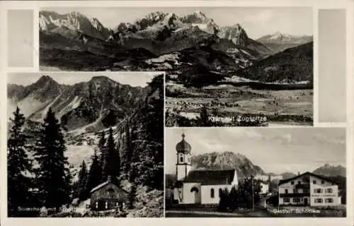 Ak Krün in Oberbayern, Panorama mit Zugspitze, Gasthof Schöttkar