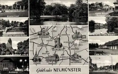 Ak Neumünster in Holstein, Klosterinsel, Kirchen, Kuhberg, Teich, Kieler Brücke, ZOB, Landkarte