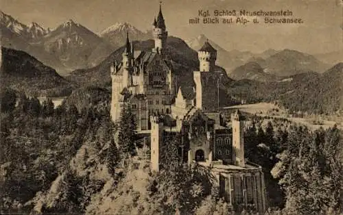 Ak Hohenschwangau Schwangau im Ostallgäu, Schloss Neuschwanstein, Alpsee und Schwansee