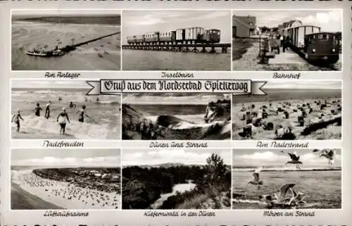 Ak Nordseebad Spiekeroog in Ostfriesland, Anleger, Inselbahn, Bahnhof, Strand, Kiefernwald, Dünen