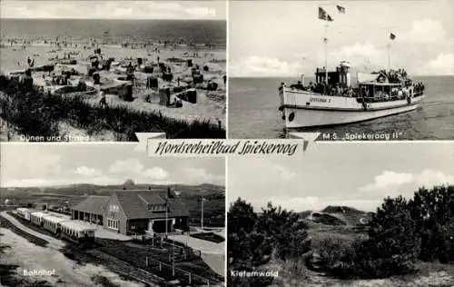 Ak Nordseebad Spiekeroog in Ostfriesland, Dünen, Strand, M.S. Spiekeroog II, Bahnhof, Kiefernwald