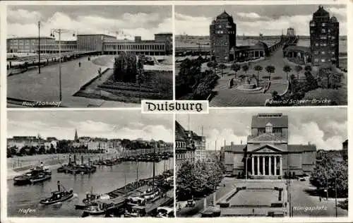 Ak Duisburg im Ruhrgebiet, Hafen, Hauptbahnhof, Admiral Scheer-Brücke, Königsplatz