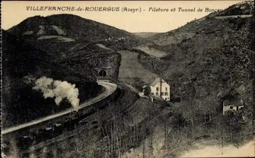 Ak Villefranche de Rouergue Aveyron, Filature et Tunnel de Boscau, Chemin de fer