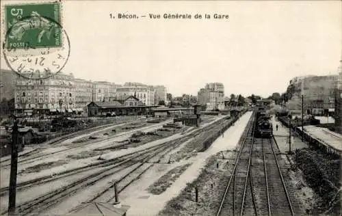 Ak Bécon les Bruyères Hauts de Seine, Gesamtansicht des Bahnhofs