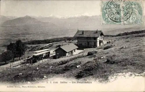 Ak Salève Haute Savoie, Les Treize Arbres, Landschaftsansicht mit Häusern, Gebirge