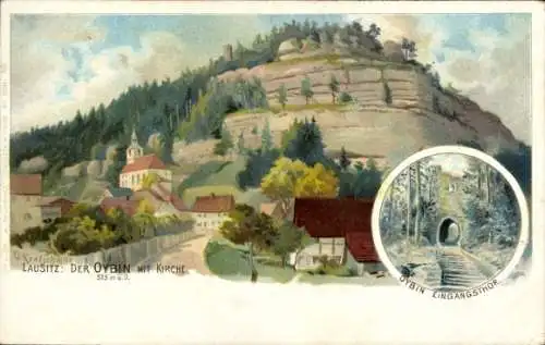 Künstler Litho Kretschmar, O., Oybin in der Oberlausitz, Berg Oybin mit Kirche, Eingang