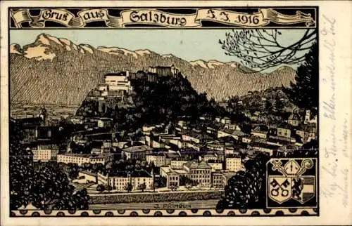 Künstler Ak Salzburg in Österreich, Stadt im Jahre 1916, Wappen