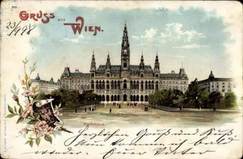 Litho Wien 1. Altstadt, Blick auf das Rathaus, Wappen