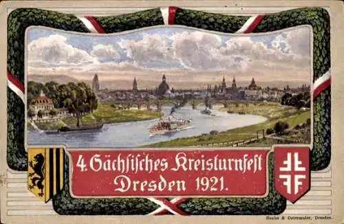 Wappen Künstler Ak Dresden, 4. Sächsisches Kreisturnfest 1921, Stadtansicht vom Waldschlösschen aus