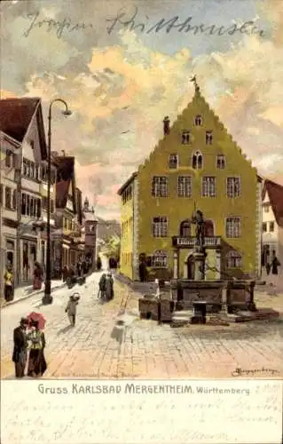 Künstler Ak Bad Mergentheim in Tauberfranken, Rathaus, Karlsbad, Brunnen