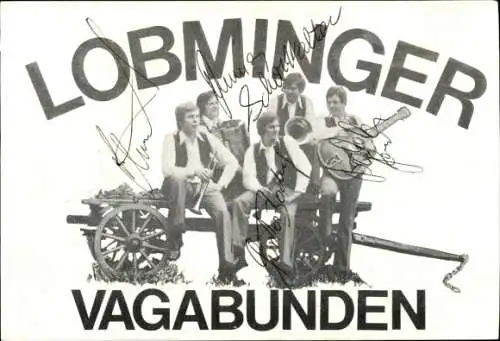 Ak Musikgruppe Lombinger Vagabunden, Portrait, Heuwagen, Autogramme