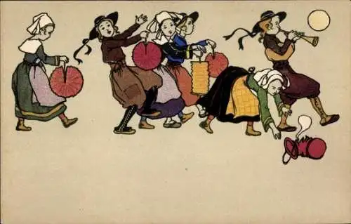 Litho Personen in französischen Trachten mit Lampions