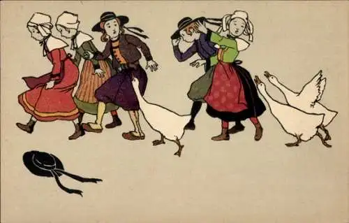 Litho Personen in französischen Trachten werden von Gänsen gejagt