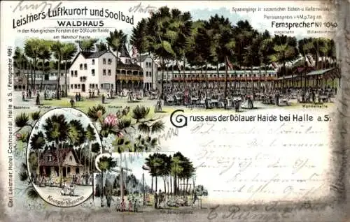 Litho Dölauer Heide Halle an der Saale, Leistners Luftkurort, Solbad Waldhaus